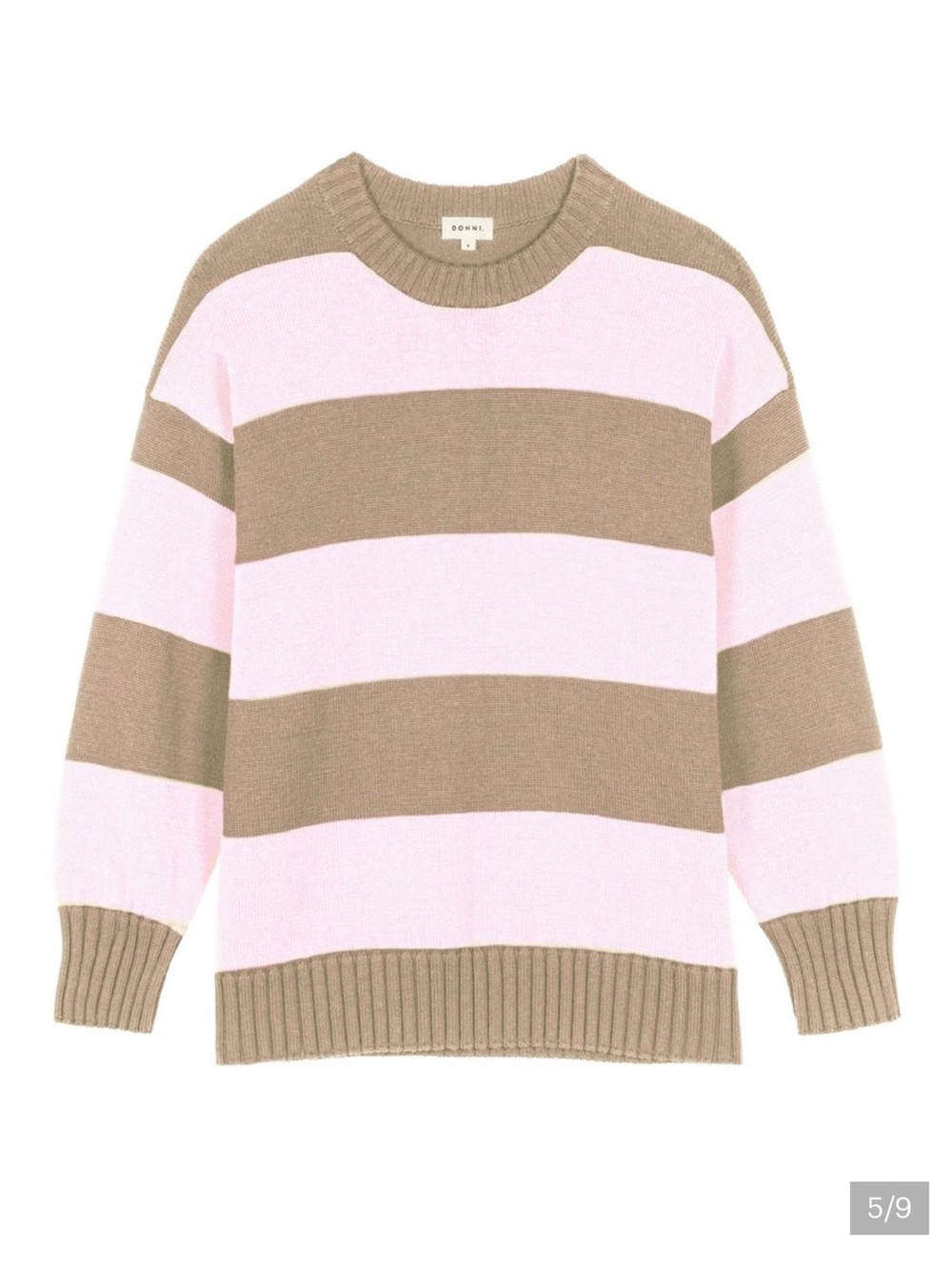 DONNI. The Cotton Striped Crewneck Sweater in Shiitake and Ballerina